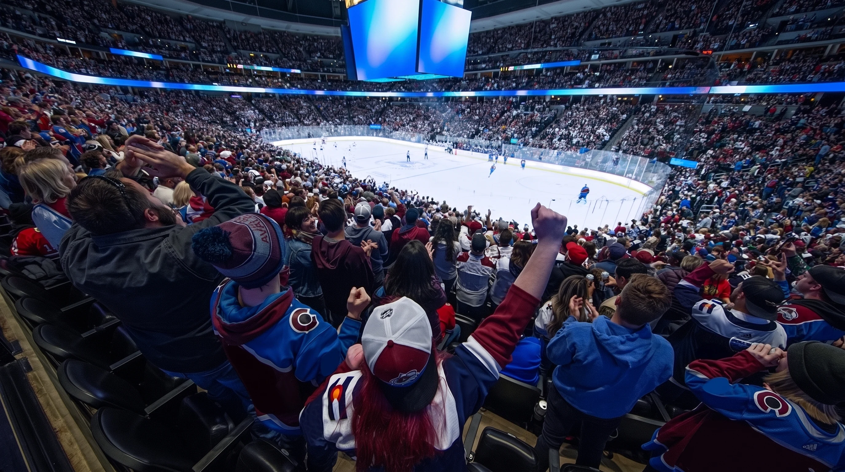 Ball Arena hockey bowl with source-faithful blue-white display activation