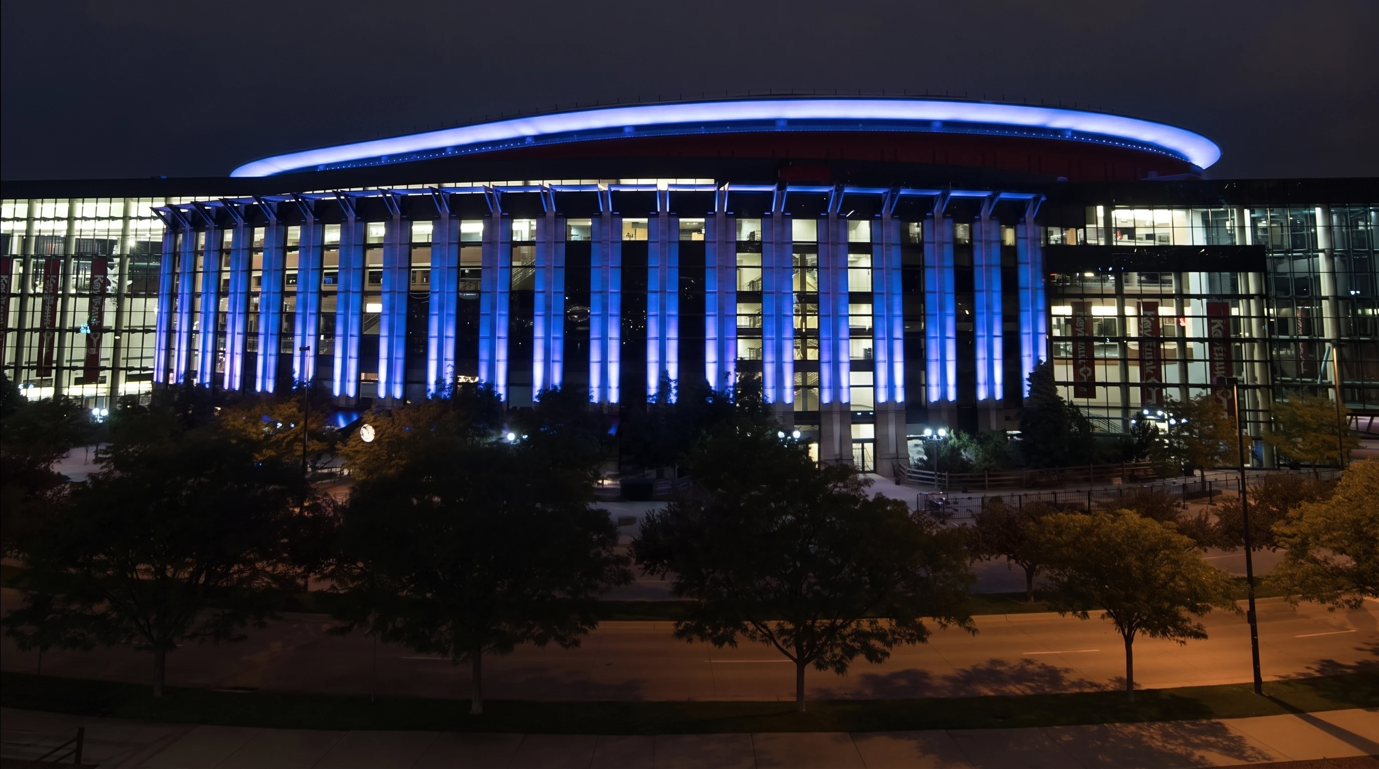 Ball Arena exterior with restrained blue illumination